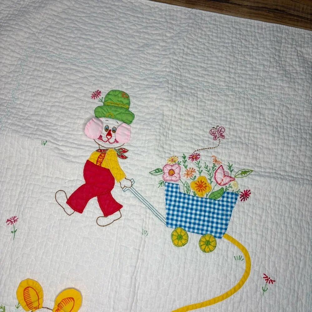 Vintage‎ Bunny Rabbit Baby Blanket Crib Hand Embroidered 55.5x34 3D Ears Easter